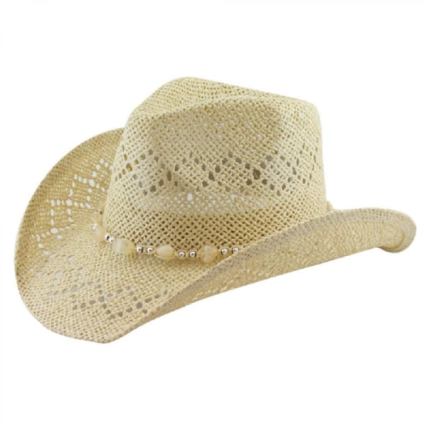 Naisten olki Cowboy-hattu helmillä ja muokattavalla reunalla Beige