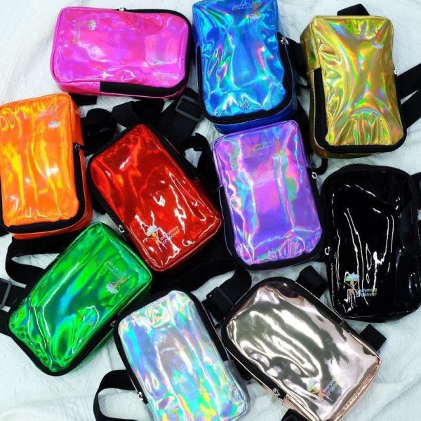 Holografisk lårtaske - Telefonholder Festivaltaske til kvinder, mænd - Iriserende ankelpose - Reflekterende håndfri Rave-taske black