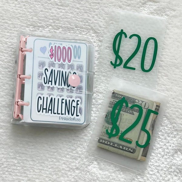 1000 Savings Challenge Binder, 2024 Genanvendelig Mini Budgetbog med Kontantkuvert pink