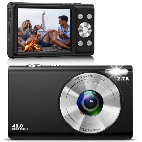 Digitalkamera, Autofokus kompaktkamera HD 2,7K 48MP, 2,8 tommer stor skjerm, 16x digital zoom, bærbart minifotografikamera black