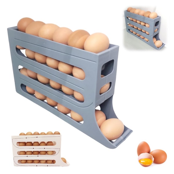 4-vånings ägghållare för kylskåp, automatisk rullande organizer för kylskåp, 30 ägg dispenser kylskåp, platsbesparande äggdispenserhållare Gray