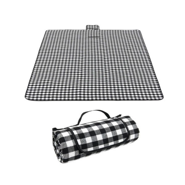 Stort vanntett piknikteppe: 80''x60'' sammenleggbar 3-lags design, sandtett pleddmatte for strandcamping black and white plaid 80x60 in