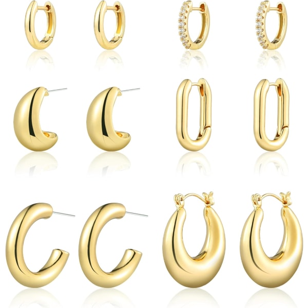 6 par Gold Hoop Örhängen Set för kvinnor, 14K guldpläterade Hypoallergena Lätt Chunky Öppna Huggie Hoops örhängen Smycken för present. Silver