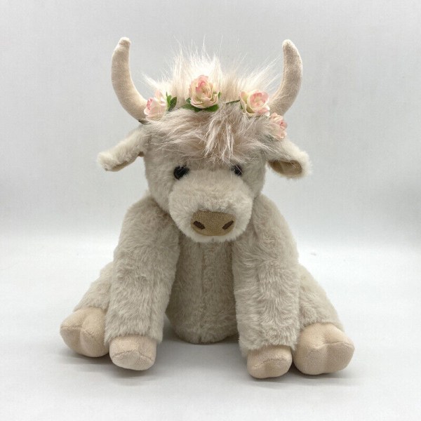 2024 Highland Cow som bär blommor, skotsk handgjord Highland Cattle, Highland Cow White with flowers without music