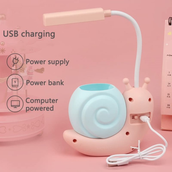 Bedårende Snail LED-bordlampe - Pennholderlampe for barn - USB-lading - 360° justerbar hals - Øyevennlig læringslys for studenter pink