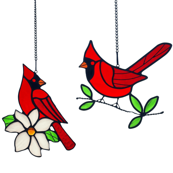 2 stk. farvet glas kardinal mindesmærke gave, hængende, kardinal på gren dekorativ solfanger, rød fugl kardinal dekorativ gave til mor, fugleelsker A