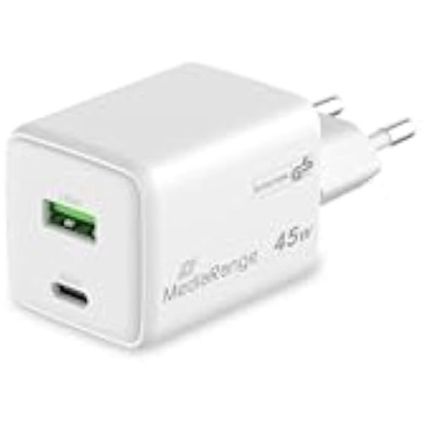 Snabbladdare - MEDIARANGE - 45 W - 1 USB-C-port - 1 USB-A-port - Avancerad GaN-teknologi vit-417