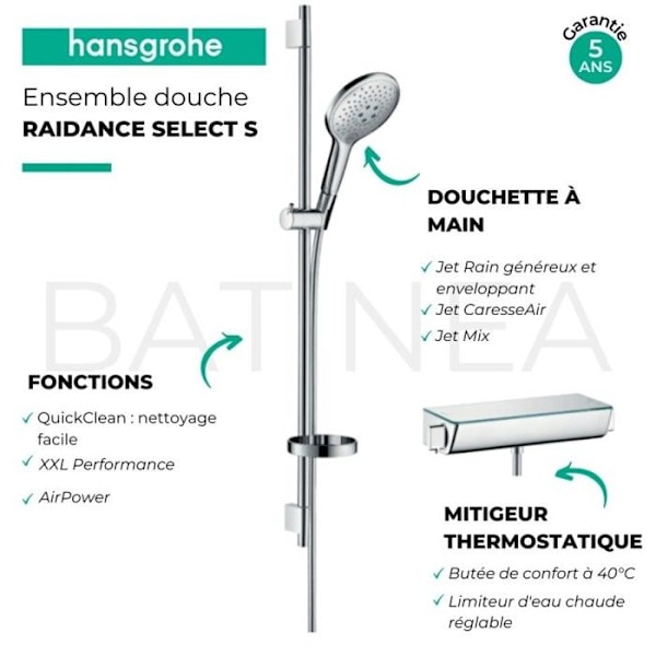 Duschhandtag och duschhuvud - HANSGROHE - Ecostat Select - 3 strålar - 0,90 m - Krom vit Vit grå