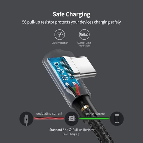 UGREEN 90 graders vinklad USB C-kabel 3A snabbladdning flätad nylon, 1M
