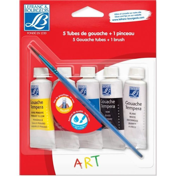 Set med 5 20 ml gouachetuber + borste - LEFRANC & BOURGEOIS - Primärfärger
