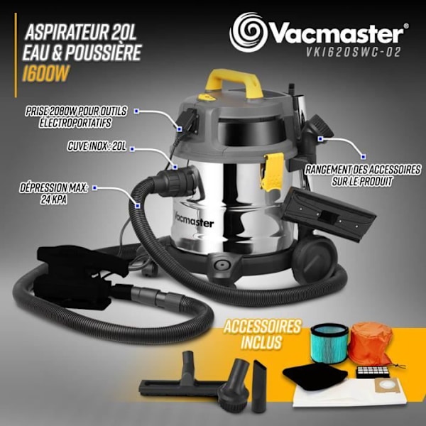 Vatten- och dammdammsugare 1600W - 20L rostfritt stål - 27 Kpa med integrerat uttag - Vacmaster