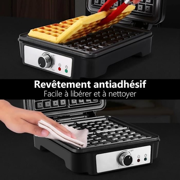YASHE Belgisk Vaffeljern, 4 Skiver Vaffelmaskine, 1200W, Sølv/Sort