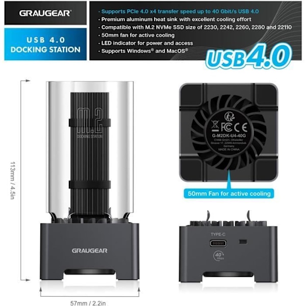 SSD M.2 NVMe dockningsstation - GRAUGEAR - USB 4.0 - 40 Gbit/s - Kylfläkt - Svart