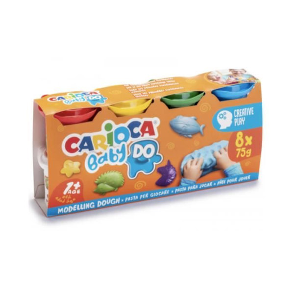 CARIOCA BABY DO modelllera set - 8 krukor à 75 g med avtryck för gjutning - 8 färger Röd, gul, grön, blå, vit, svart, or