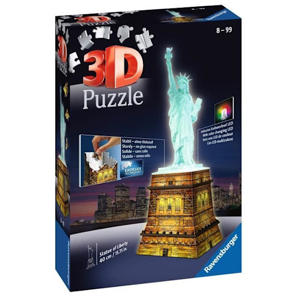 3D Pussel Frihetsgudinnan upplyst - Ravensburger - Monument 108 bitar - utan lim - med färg LEDS - Från 8 år Flerfärgad