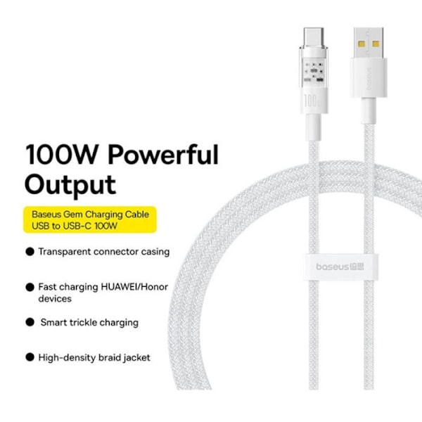 USB-kabel till Type-C, Super Snabb Laddning 100W, 2m - Baseus Gem (P103737300222211-01) - Månsilver
