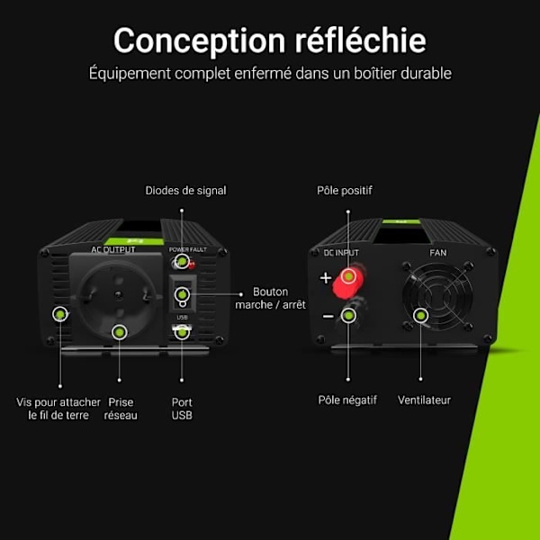 Växelriktare - Green Cell - 500W/1000W - Ren sinus - DC 12V till AC 230V - Idealisk för resor