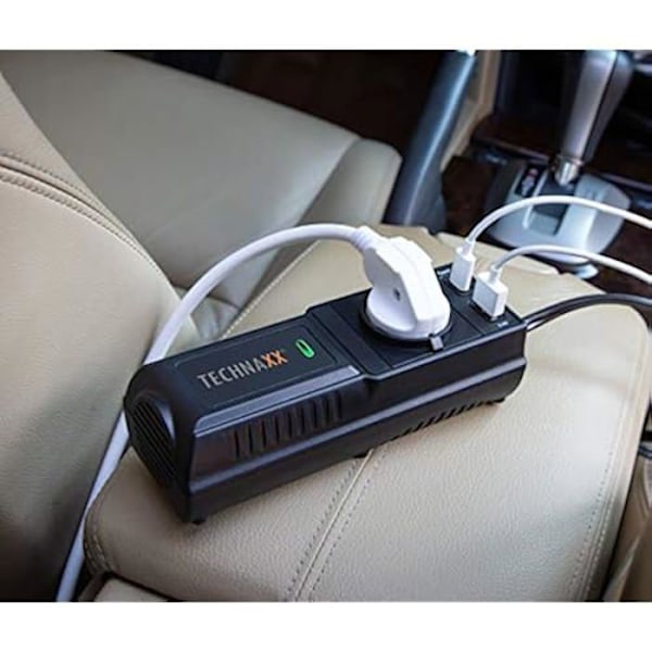 Bilomvandlare - TECHNAXX - 200W - 2 USB-portar - Schuko-kontakt - Multi-säkerhetsskydd Svart
