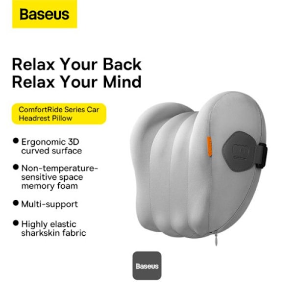 Huvudstödsdyna - Baseus - ComfortRide - Minnesfoam - Andningsbart tyg - Ergonomisk Grå