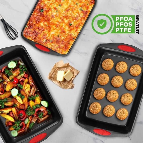 Set med 3 Bakplåtar - NutriChef - Non-stick - Bakformar i Kolstål - Silikongrepp