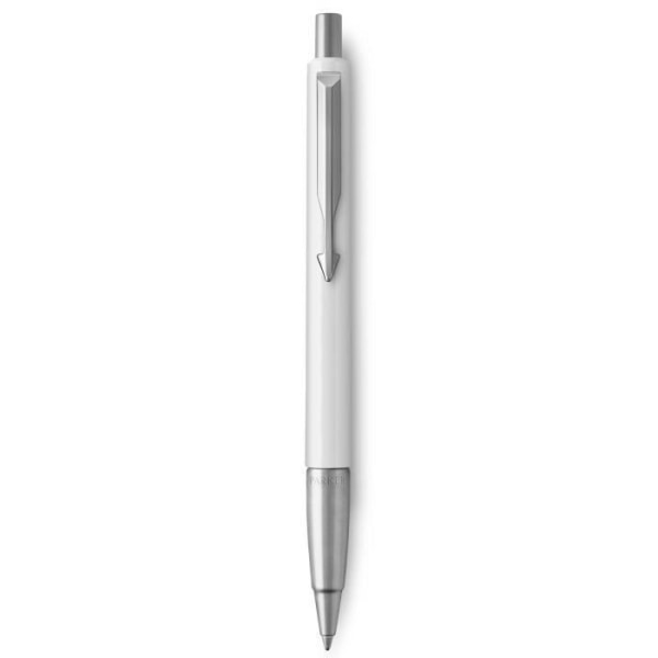PARKER vektorkulspetspenna, vit med kromkant, medium spets, blått bläck, presentförpackning