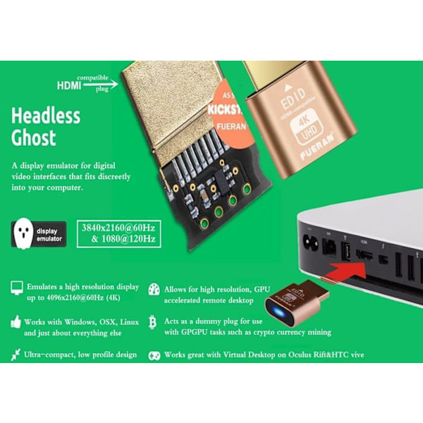 Ljud - videoadapter Fueran HDMI Dummy Plug Headless Ghost Display Emulator DDC EDID Emulator Fake Display 4K60Hz-1Pack