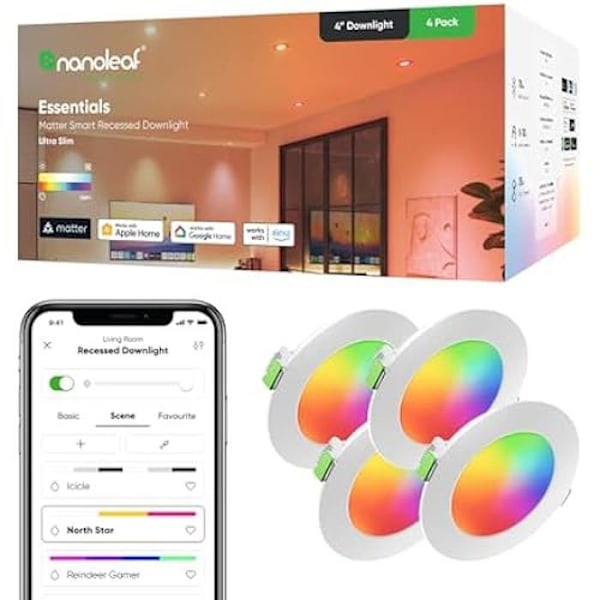 Nanoleaf Matter Essentials Pack med 4 RGBW LED-inbyggda spotlights - Smarta lampor, Matter över Thread, Bluetooth Mehrfarbig (Rgbw)