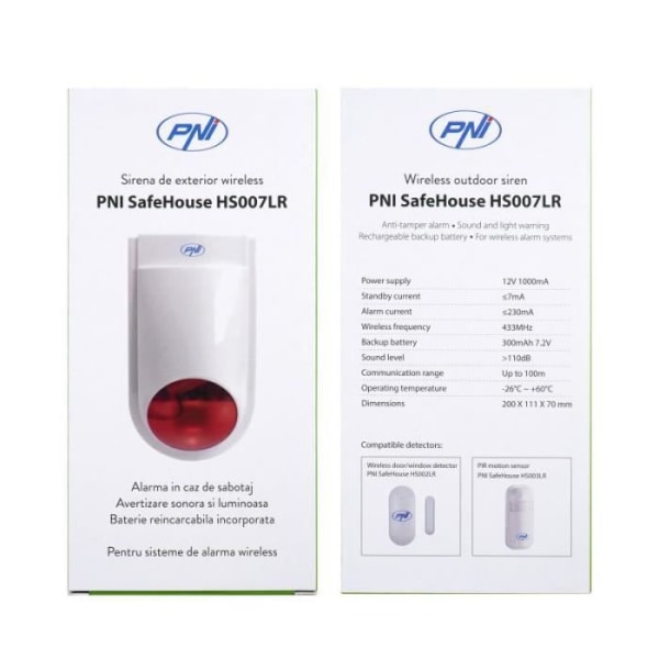 PNI SafeHouse HS007LR trådlös utomhussiren med batteri och strömförsörjning för trådlösa larmsystem