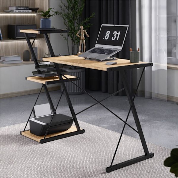 Skrivbord med hyllor - MARK ADLER - Ledare 3.5 Craft - Kompakt design - Praktisk förvaring - Metallstruktur Svart + Bricka i ekträ