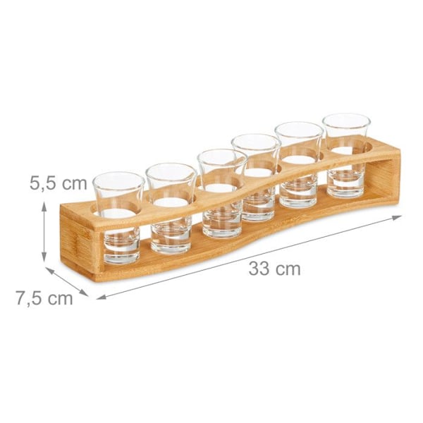 Relaxdays Shotbricka, set med 6 glas, 4 cl, böjd stöd, presentidé, bambu, natur brun klar, genomskinlig