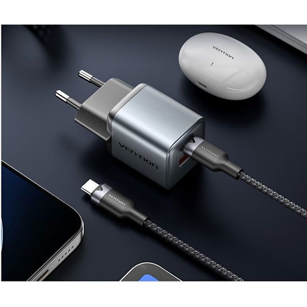Vention USB-laddare (C A) GaN med 2 portar (30W/18W) grå med USB-C till USB-C-kabel (1M) svart EU-plugg