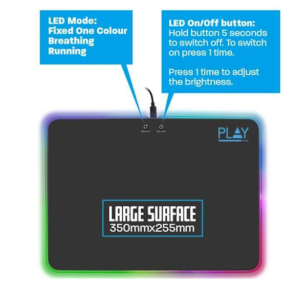 Ewent PL3341 Gaming Mouse Pad - Svart - USB-driven - Halkfri bas - RGB-ljuseffekter