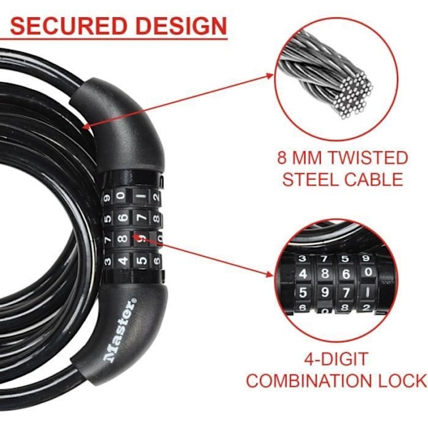 Cykellås - MASTER LOCK - 8221EURDPRO - 1,8 m tvinnad kabel - Programmerbar kombination