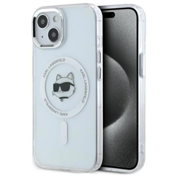 Coque för iPhone 15 - Karl Lagerfeld IML MagSafe (KLHMP15SHLSCHH) - Tête de Choupette i Vit Metall vit
