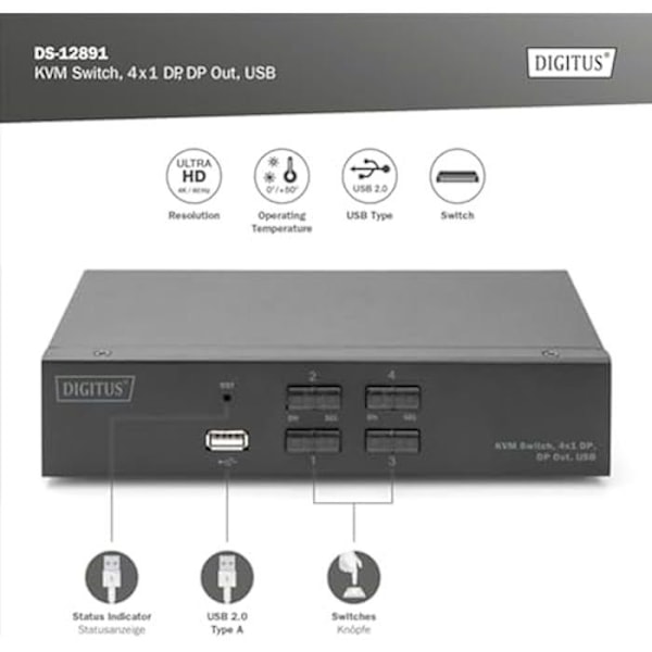 KVM-switch - DIGITUS - 4-portars enkel skärm - 4K UHD - ljud & USB - Kompatibel med alla system