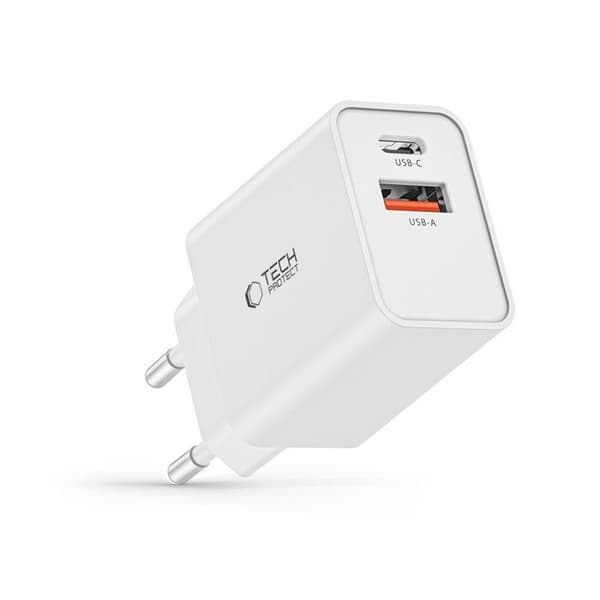 Nätadapter 2 portar - Tech-Protect NC30W - Snabb laddning - PD30W - QC3.0 - Vit Vit