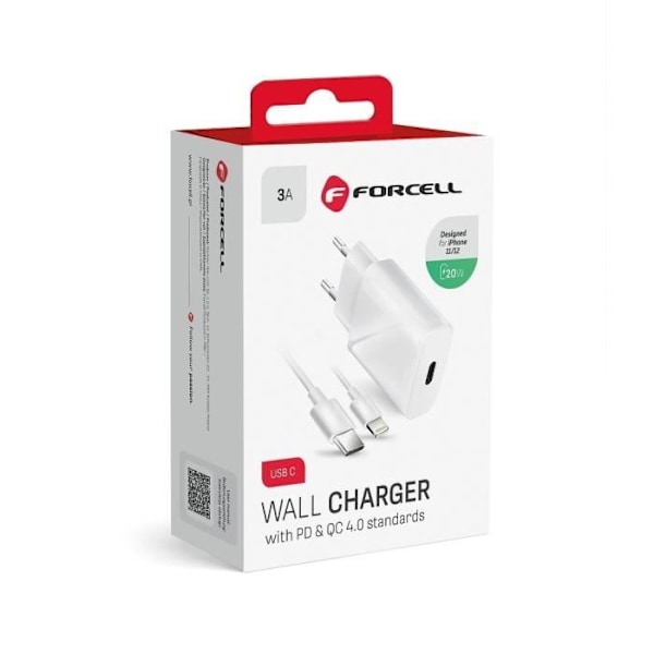 Forcell Reseladdare med USB C-kontakt och laddningskabel - 3A 20W med PD- och QC 4.0-funktion