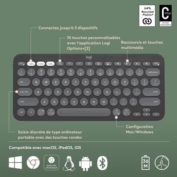 Tangentbord - Trådlöst - Logitech - Pebble Keys 2 K380s - Lättbyteknapp - Svart