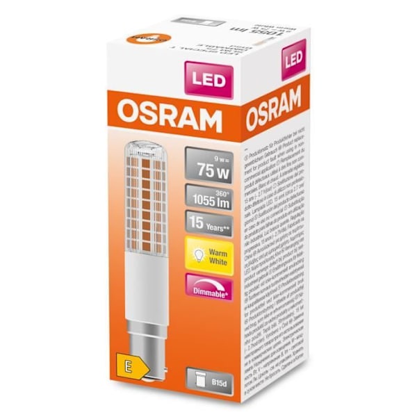 OSRAM LED SPECIAL T SLIM DIM / LED-lampa: B15d, Dimbar, 9 W, 75 W ersättning för, klar, Varmvit, 2700 K