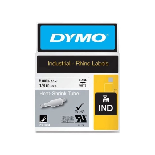 DYMO Rhino - Industriella krympslangsetiketter 6 mm x 1,5 m - Svart på vitt