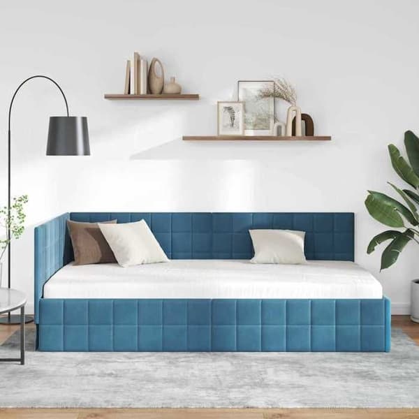 vidaXL Hörnsängram Blå 90 cm x 200 cm Sammet 42016387