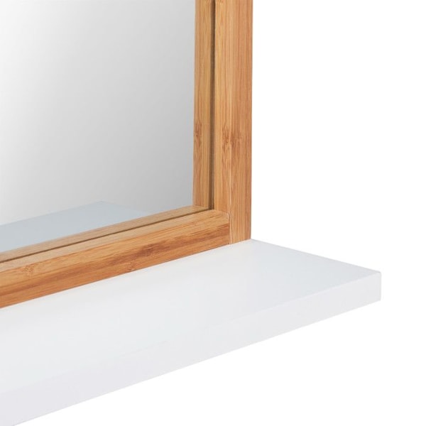 Relaxdays väggspegelhylla, rektangulär dekorativ träspegel, hall, badrum, bambu & MDF, natur/vit silver, ljusbrun