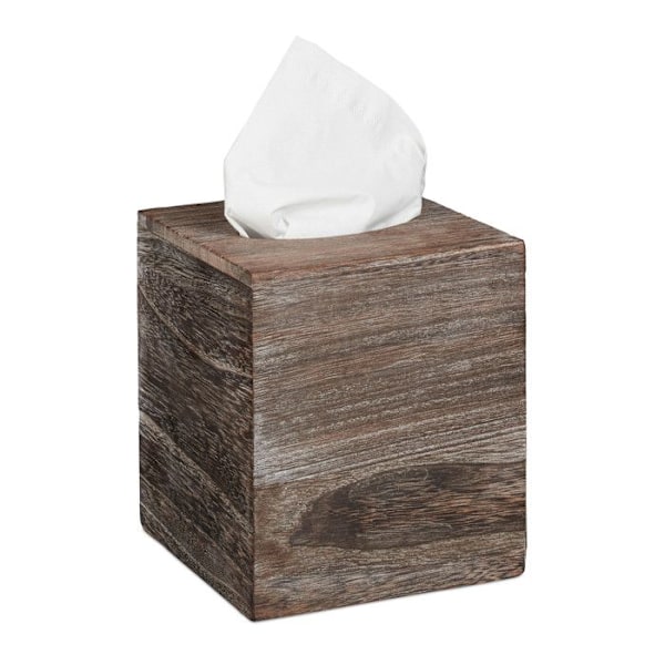 Relaxdays Square Tissue Box, Badrums Tissue Dispenser, Träkub, Shabby, HLP 16,5x14x14 cm, Brun Brun