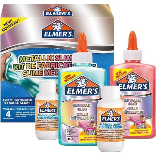 ELMER'S Metallic Slime Making Kit, 2 flaskor metalliskt lim (147 ml), 2 flaskor magiskt lim (68 ml)
