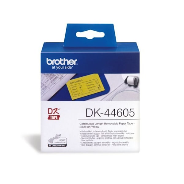 Brother DK44605 kontinuerlig tejp - Repositionerbart lim - 15m x 62mm - Svart/gul