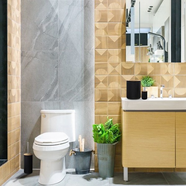 Relaxdays badrumsaccessoarer, set om 6, i plast och bambu, komplett set, vit vit, ljusbrun