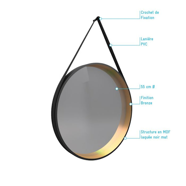 Rund badrumsspegel - diameter 55cm - mattsvart och bronsfinish - CIRCLE HORUS