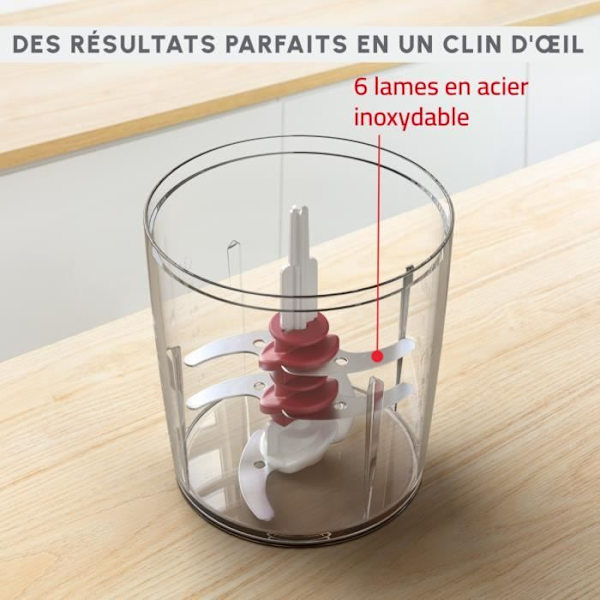 MOULINEX Multimoulinette Mini elektrisk hackare, 500 ml, 6 blad i rostfritt stål, 2 hastigheter, Blender, Tillverkad i Frankrike AT714G32 rubinröd