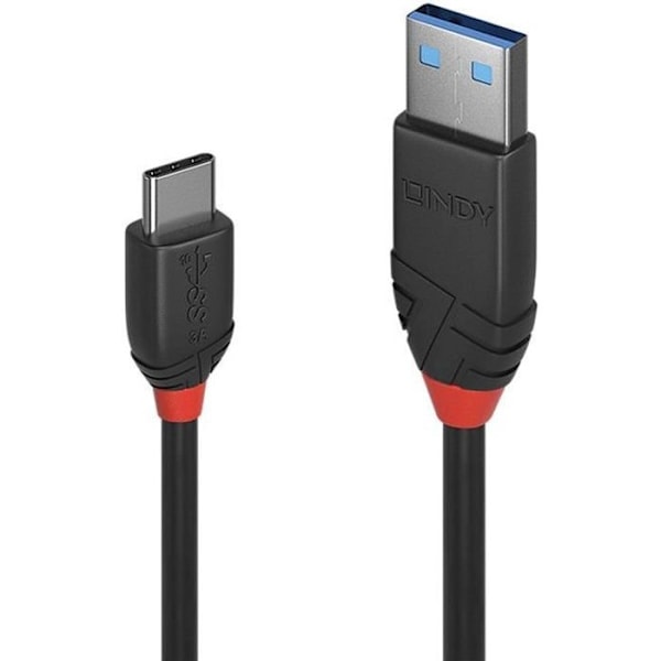 USB 3.1 typ A till C 3A-kabel - LINDY - Black Line - 1m - Trippelskärmad - Guldpläterade kontakter