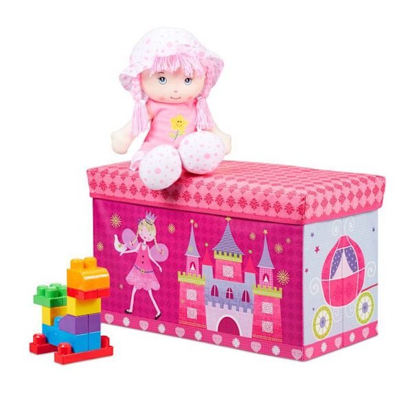 Relaxdays Taburett Leklåda leksaksbox med lock puff barn hopfällbar prinsessa förvaring flicka 50L, rosa varm rosa, rosa